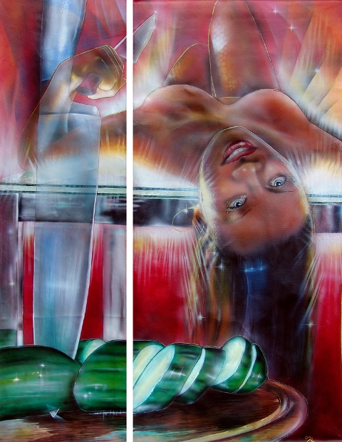 erotic-art-frauen-bild-akt-fine-art-gemaelde-malerin-christine-dumbsky-mecki-messer-kuechentisch-nakt-gurken
