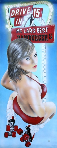 erotic-art-frauenbilder-akt-fine-art-gemaelde-malerin-christine-dumbsky-50er-werbeschild-rollschuh-maedchen-bikini