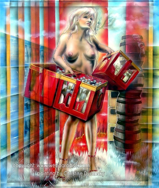 erotic-art-frauenbilder-akt-fine-art-gemaelde-malerin-christine-dumbsky-bier-kasten-frau-nackt-baerenfell