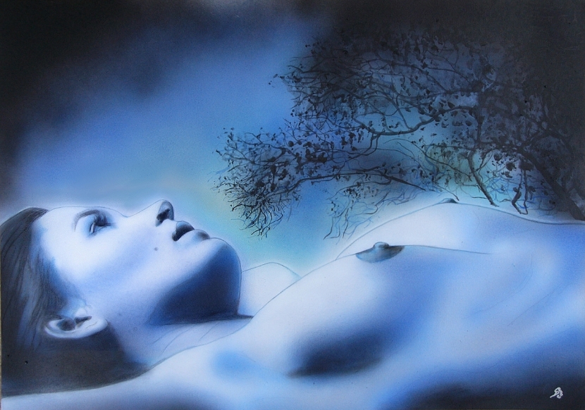 erotic-art-frauenbilder-akt-fine-art-gemaelde-malerin-christine-dumbsky-blau-nude-baum-portrait