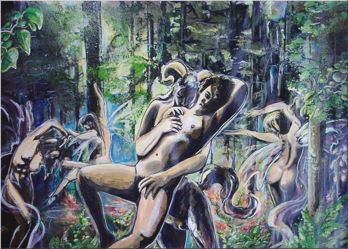 erotic-art-frauenbilder-akt-fine-art-gemaelde-malerin-christine-dumbsky-erotisches-portrait-frau-faun-wald-nackt-liebe-im-freien-natur