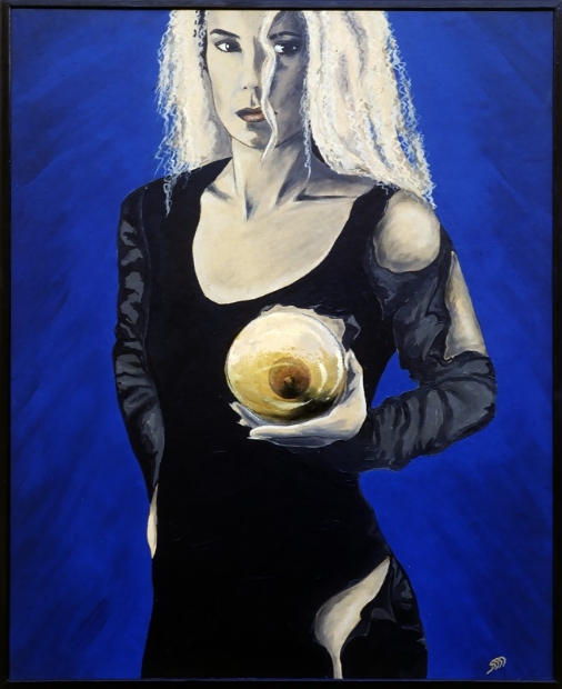 erotic-art-frauenbilder-akt-fine-art-gemaelde-malerin-christine-dumbsky-frau-blond-mit-vergroesserungs-glas-vor-busen