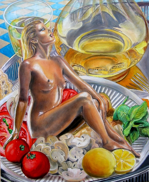 erotic-art-frauenbilder-akt-fine-art-gemaelde-malerin-christine-dumbsky-frau-nackt-auf-teller-wiener-schnitzel