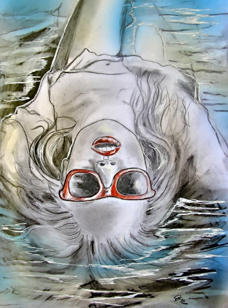 erotic-art-frauenbilder-akt-fine-art-gemaelde-malerin-christine-dumbsky-frau-wasser-wet-t-shirt-rote-brille-lippen-akt--zeichnung