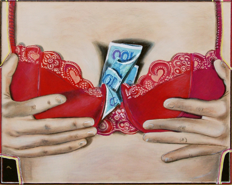 erotic-art-frauenbilder-akt-fine-art-gemaelde-malerin-christine-dumbsky-geld-im-bh-leichtes-maedchen-sparbuechse-rot