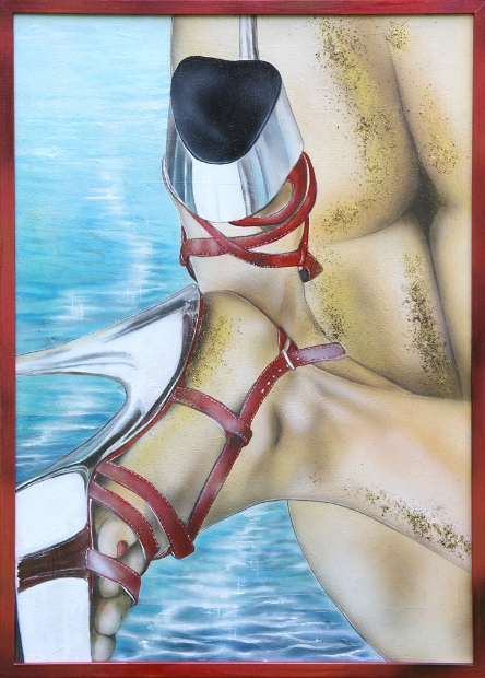 erotic-art-frauenbilder-akt-fine-art-gemaelde-malerin-christine-dumbsky-hintern-schuhe-rot-wasser-po