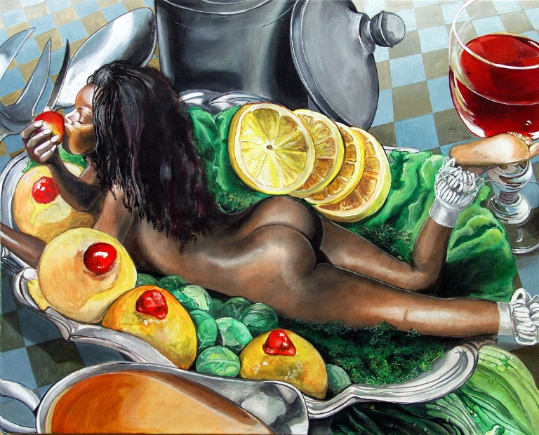 erotic-art-frauenbilder-akt-fine-art-gemaelde-malerin-christine-dumbsky-nackte-frau-auf-dem-silber-tablett-haupt-malzeit