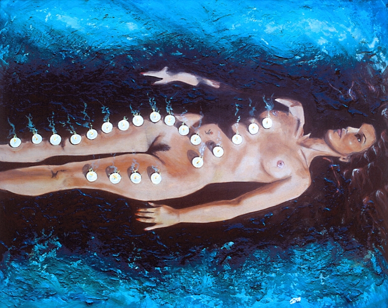 erotic-art-frauenbilder-akt-fine-art-gemaelde-malerin-christine-dumbsky-nackte-frau-im-wasser-mit-lichtern-auf-ihrem-koerper