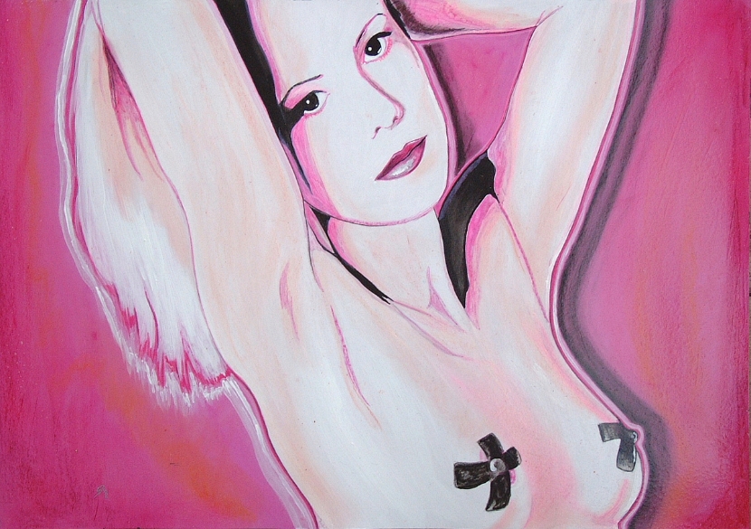 erotic-art-frauenbilder-akt-fine-art-gemaelde-malerin-christine-dumbsky-pink-frau-nackt-mit-klebestreifen-ueber-brueste-zensiert