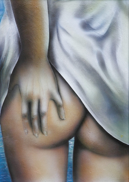 erotic-art-frauenbilder-akt-fine-art-gemaelde-malerin-christine-dumbsky-weniger-ist-mehr-hintern-wet-shirt-backside