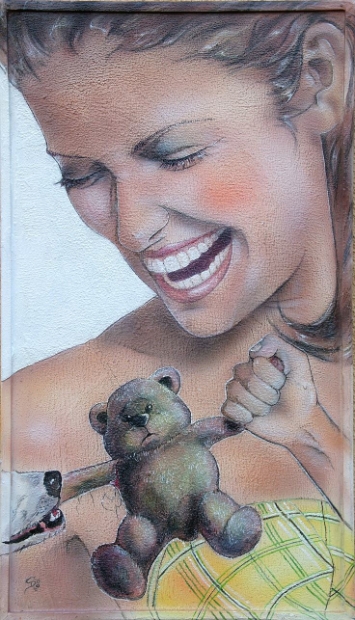 erotic-art-frauenbilder-akt-fine-art-gemaelde-malerin-christine-dumbsky-who-let-the-dogs-out-hund-baer-frau